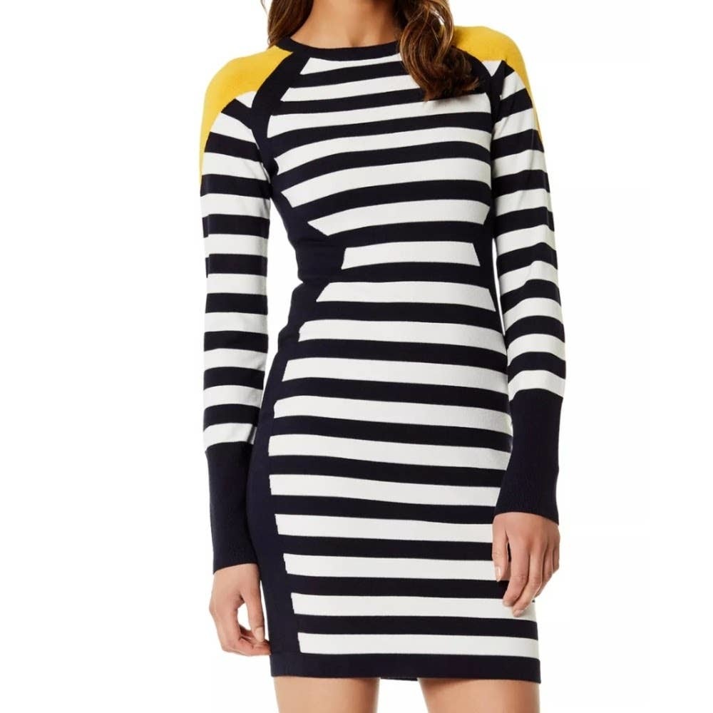 Karen Millen Striped Long Sleeve Knit Bodycon Dress Career Women's UK S / US 6